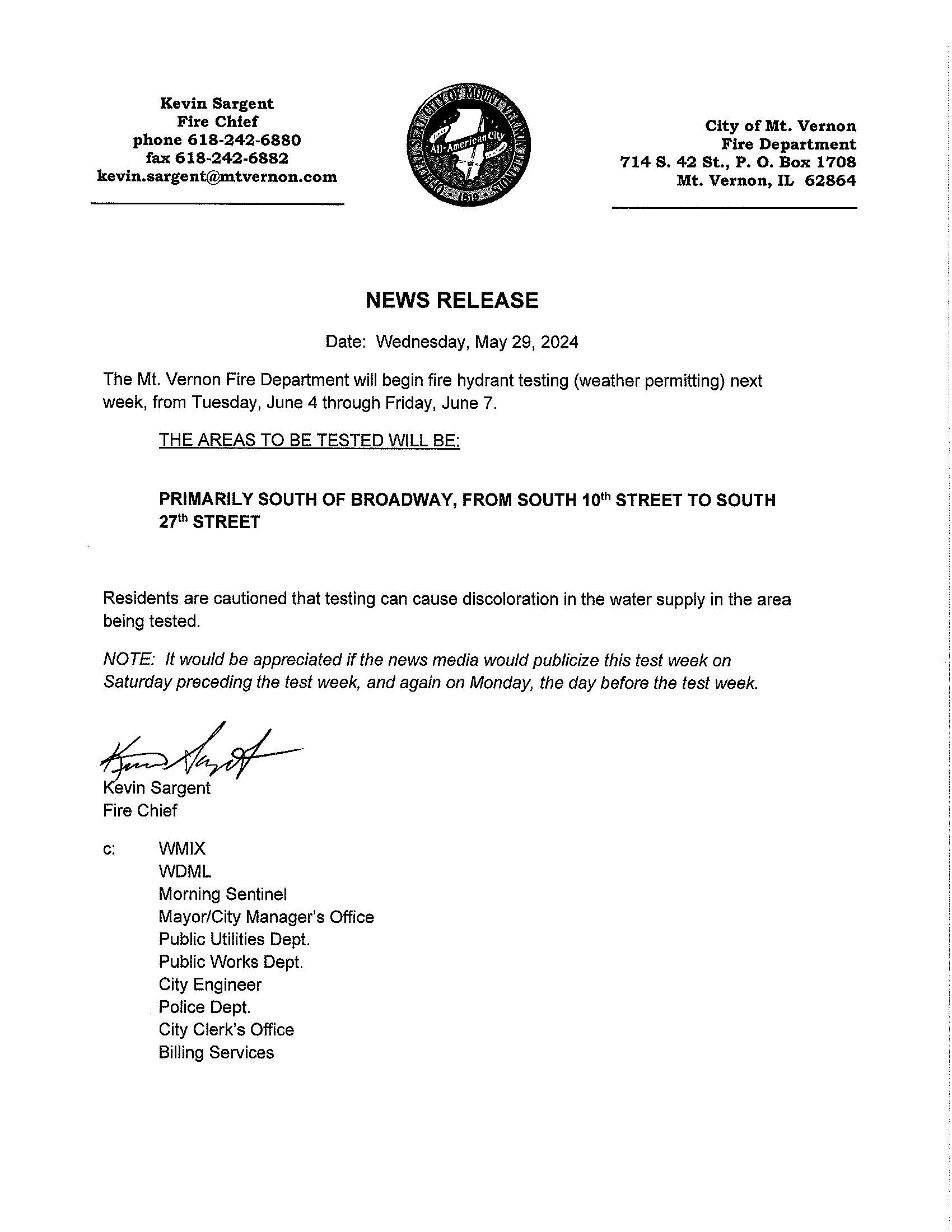 News release of fire hydrant testing